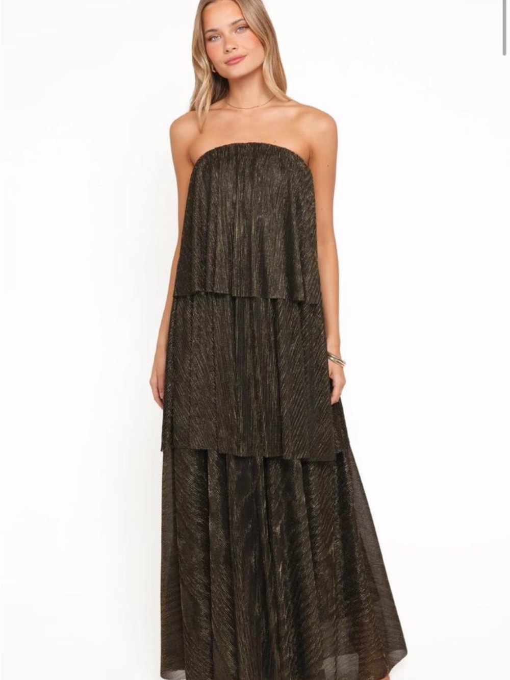 Petal & Pup Strapless Tiered Maxi Dress in Black and Gold